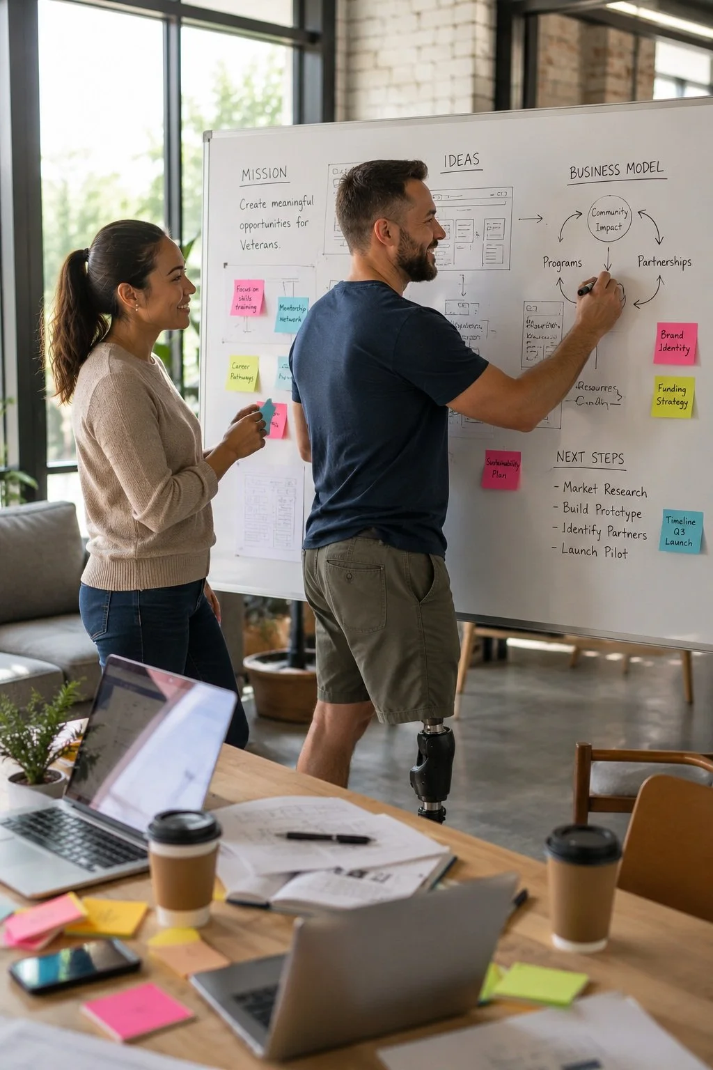 Two people in a modern office, one man and one woman, are discussing a whiteboard filled with plans, ideas, and notes, surrounded by laptops, papers, and sticky notes.
