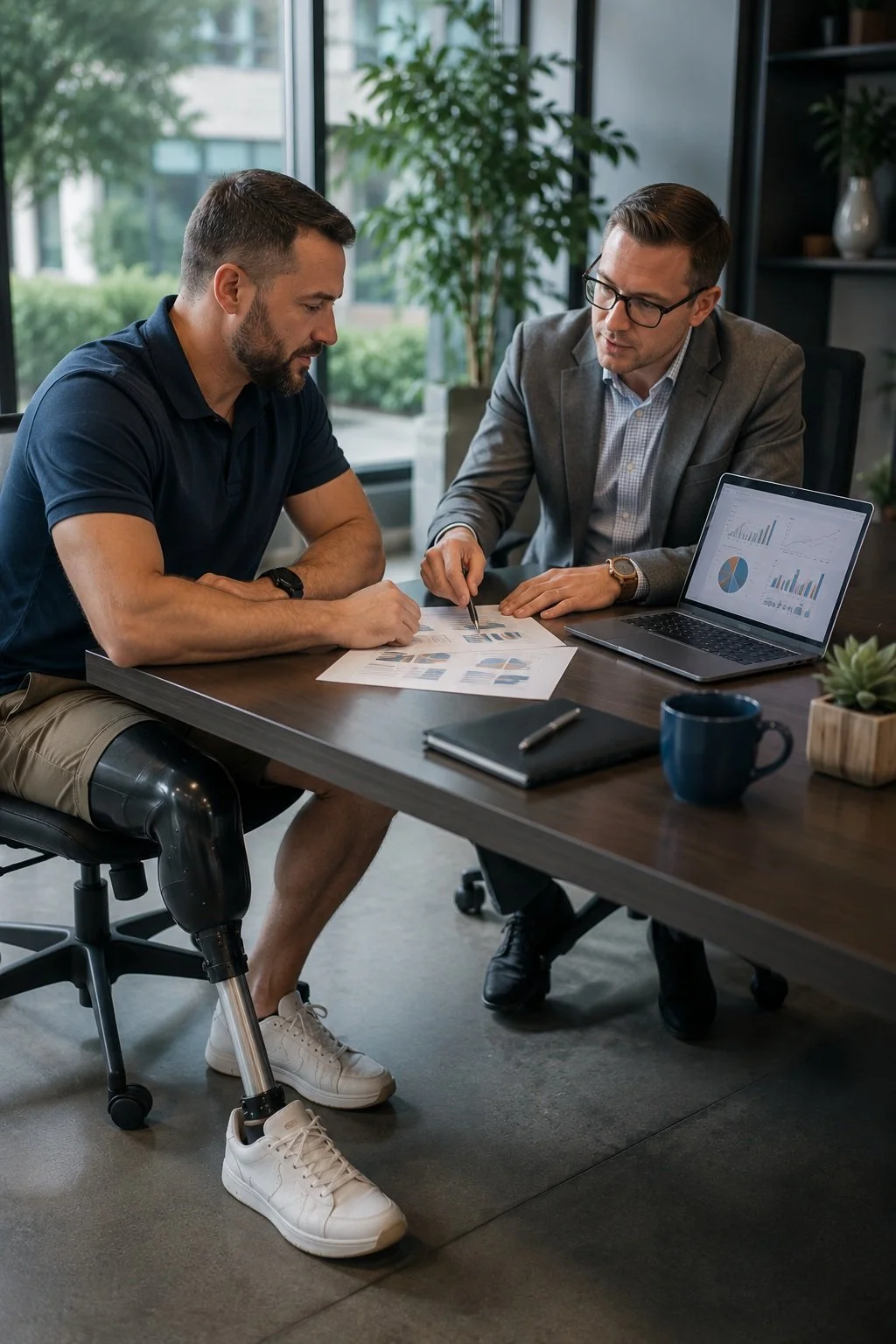 Two men in business attire discussing documents and charts during a meeting in an office.