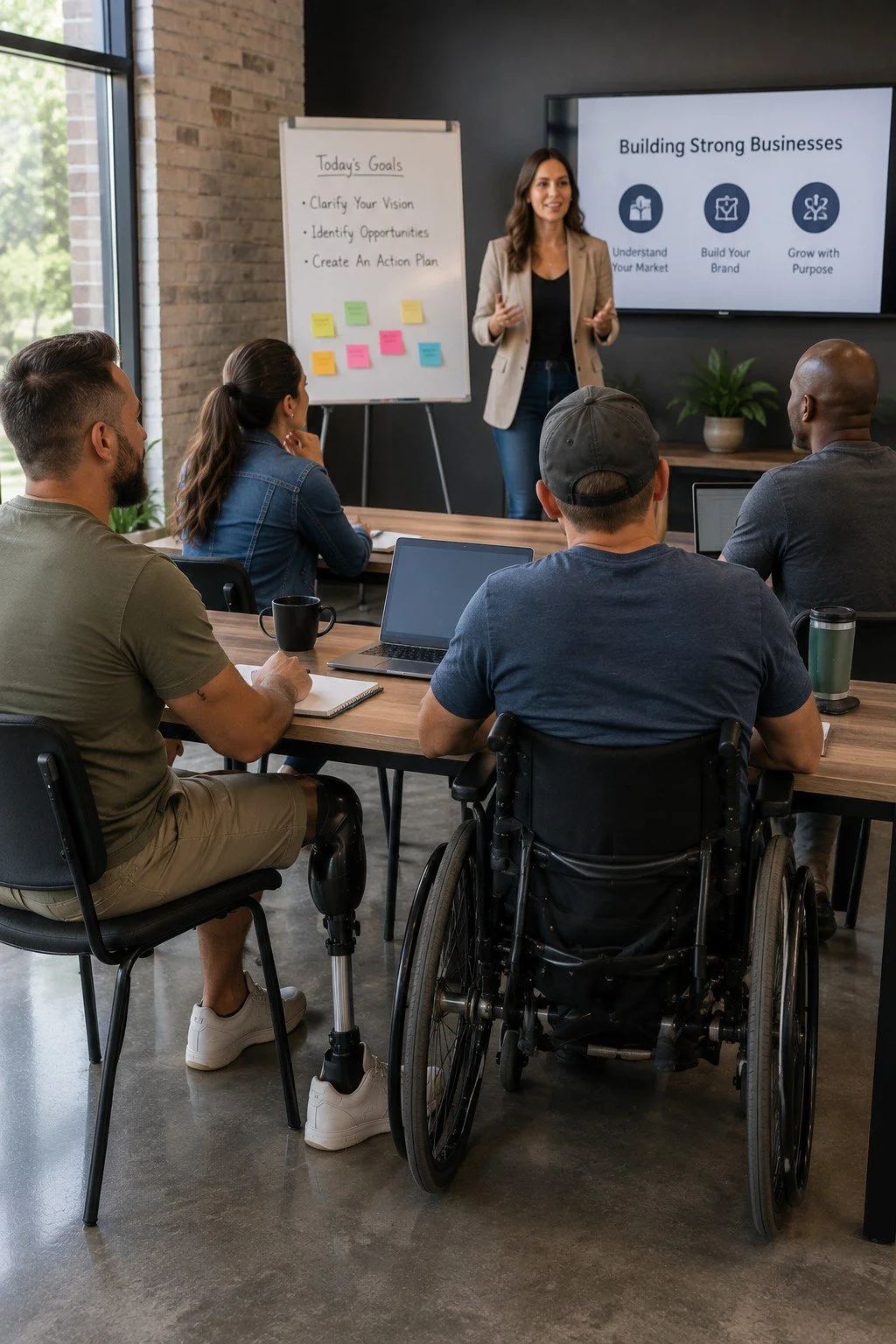 A diverse group of people attending a business presentation in a modern conference room with large windows, a whiteboard, and a digital screen displaying a presentation on building strong businesses.