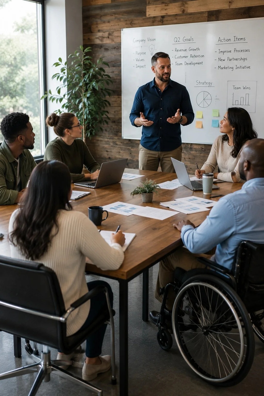 A man standing and speaking to a group of five people seated at a conference table in a modern office, with a whiteboard behind him displaying notes on company vision, goals, strategies, and action items.