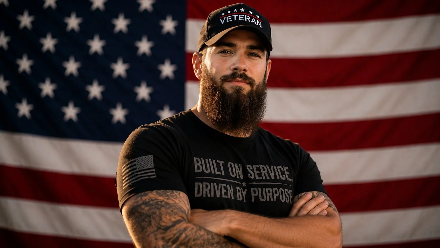A bearded man in a black T-shirt with the message 'Built on Service, Driven by Purpose' crosses his arms in front of an American flag backdrop, wearing a black cap with 'VETERAN' written on it.