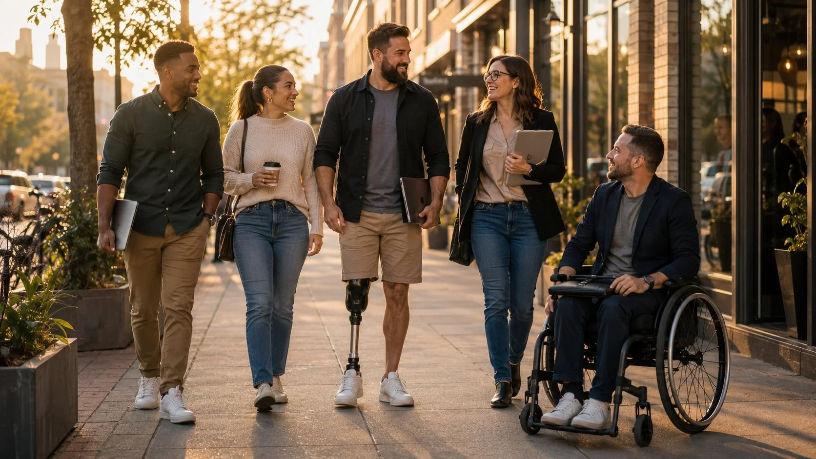 Group of five diverse young adults walking on city sidewalk, smiling and chatting, one person in wheelchair, holding laptops and coffee, during late afternoon