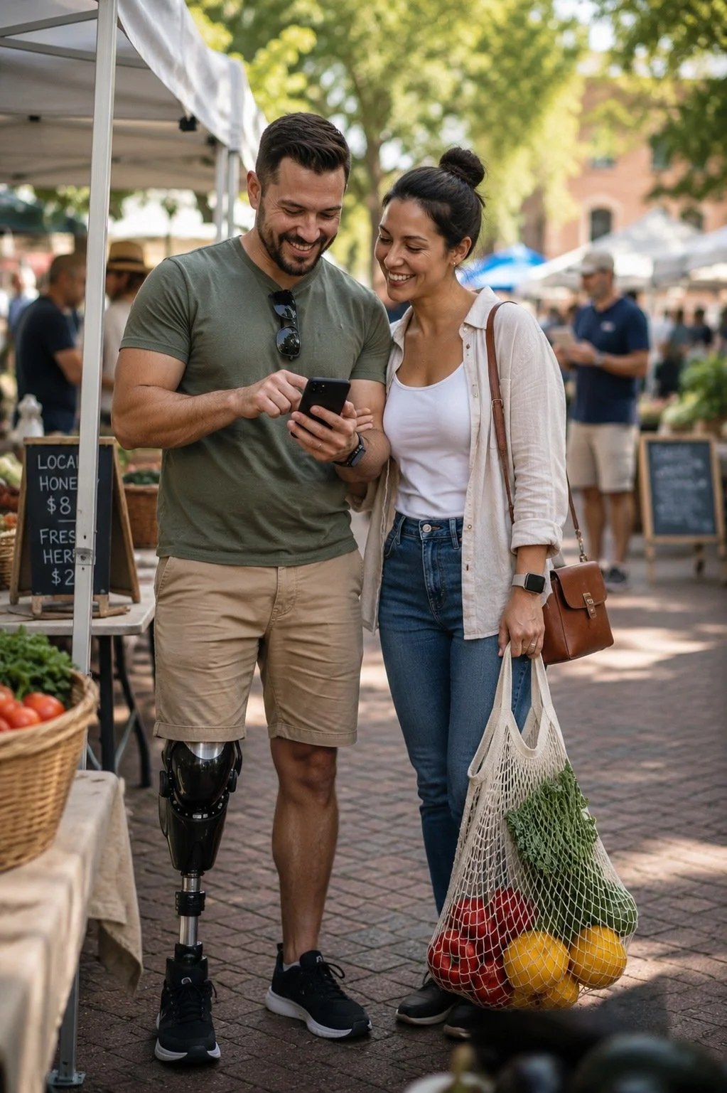 A man with a prosthetic leg and a woman are smiling while looking at a smartphone together at an outdoor farmers market. The man is wearing a green t-shirt and beige shorts, and the woman is wearing a white shirt and jeans, carrying a mesh bag of vegetables. They are surrounded by market stalls, and other shoppers are in the background.