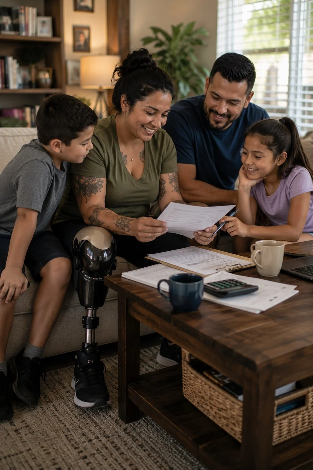 A family of four sitting on a sofa, looking at papers together in a cozy living room. The family includes a woman with tattoos, a man, and two children, a boy and a girl. The table in front of them has coffee mugs, papers, a calculator, and a laptop.