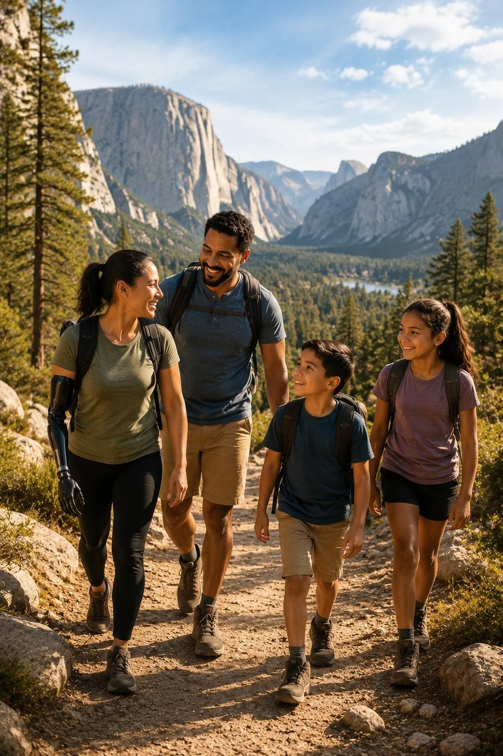 A family of four hiking on a trail in a mountainous forested area with large cliffs, green trees, and a lake in the background during daytime.