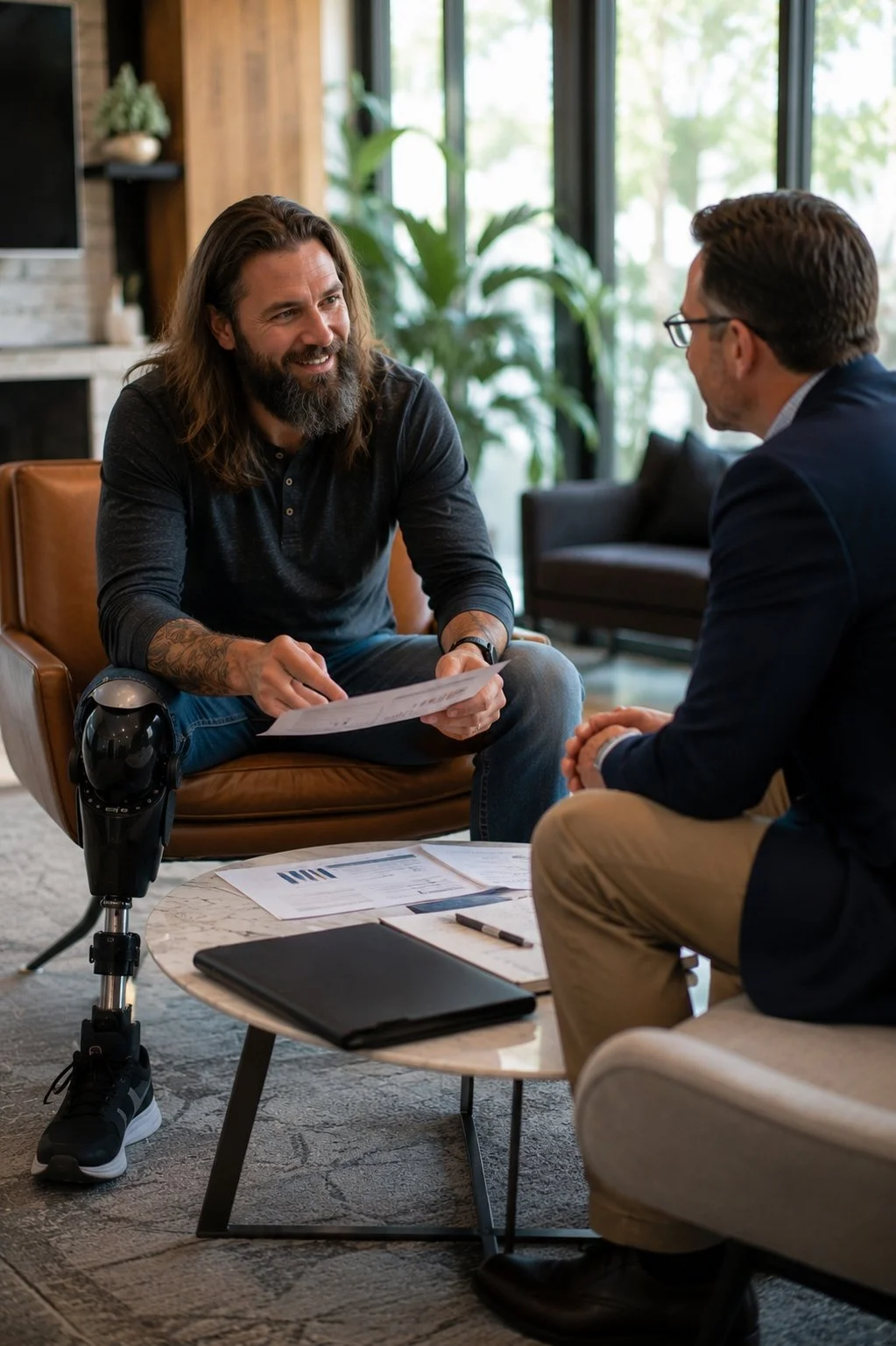 Two men having a conversation in a modern indoor setting. One man has long hair, a beard, and tattoos, holding papers. The other man wears glasses and a blazer. There are documents and a laptop on the coffee table.