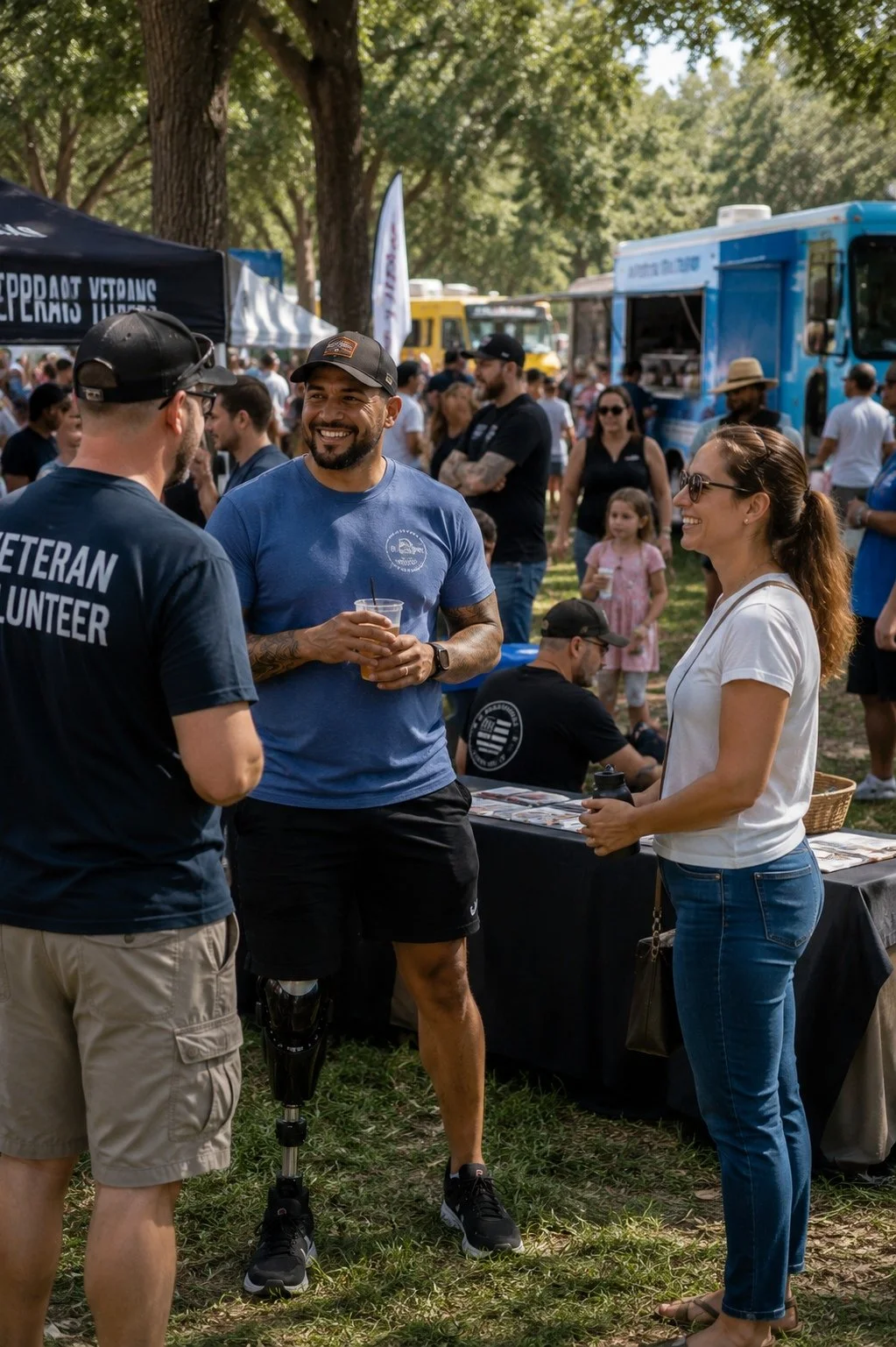 Having a friendly conversation at an outdoor event with food trucks, tents, and a crowd of people in the background on a sunny day.