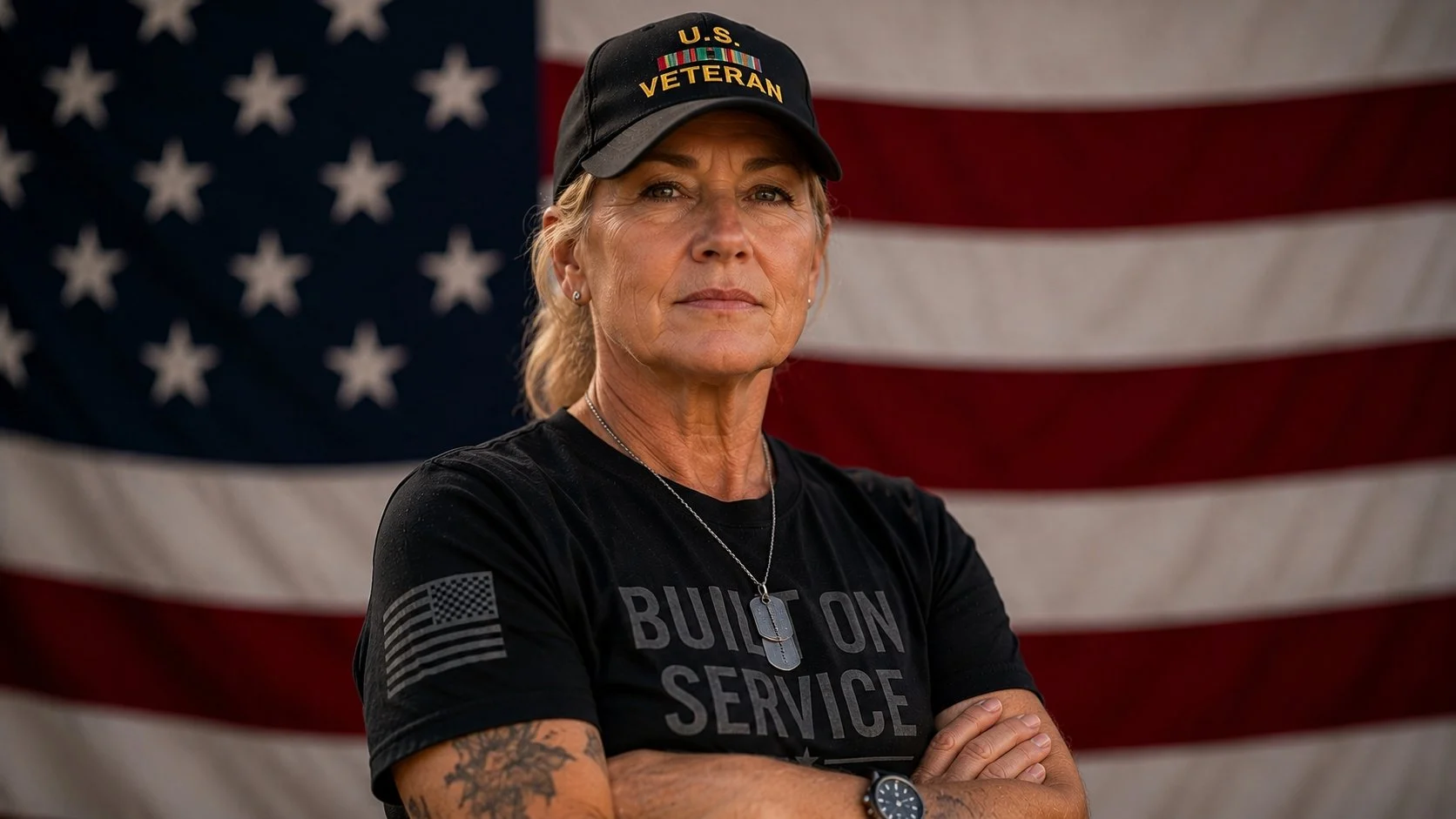 A woman wearing a U.S. veteran cap and a black T-shirt with 'Built on Service' printed on it stands with arms crossed in front of an American flag.