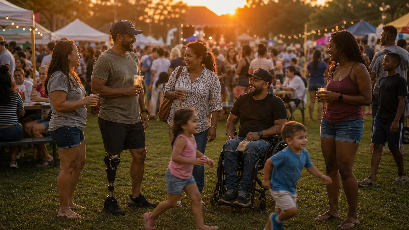 People enjoying outdoor festival at sunset, talking and playing with children, with tents and string lights in the background.