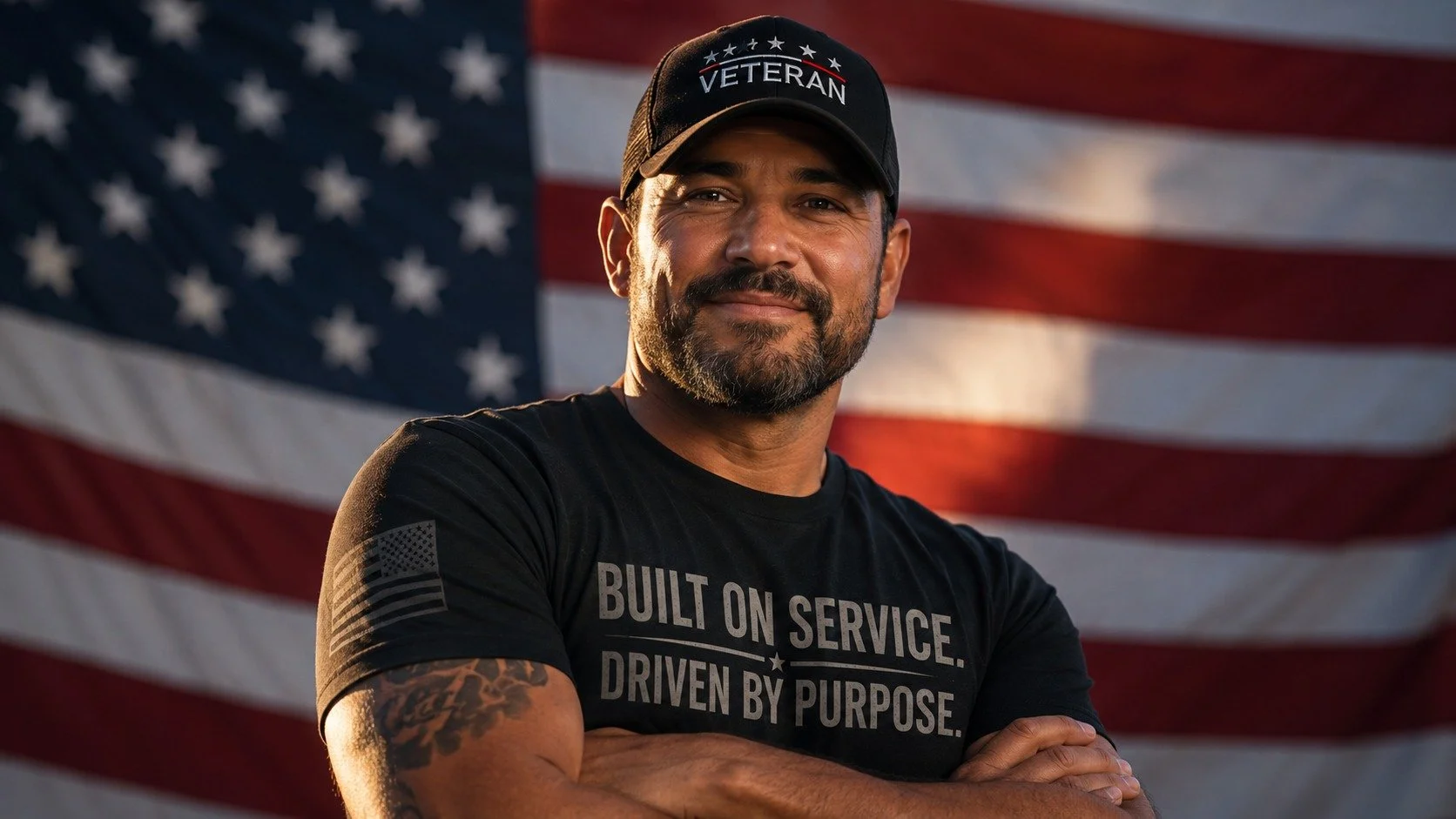 A man with a beard, wearing a black cap with 'VETERAN' written on it and a black t-shirt with the words 'Built on Service. Driven by Purpose.' in front of an American flag.