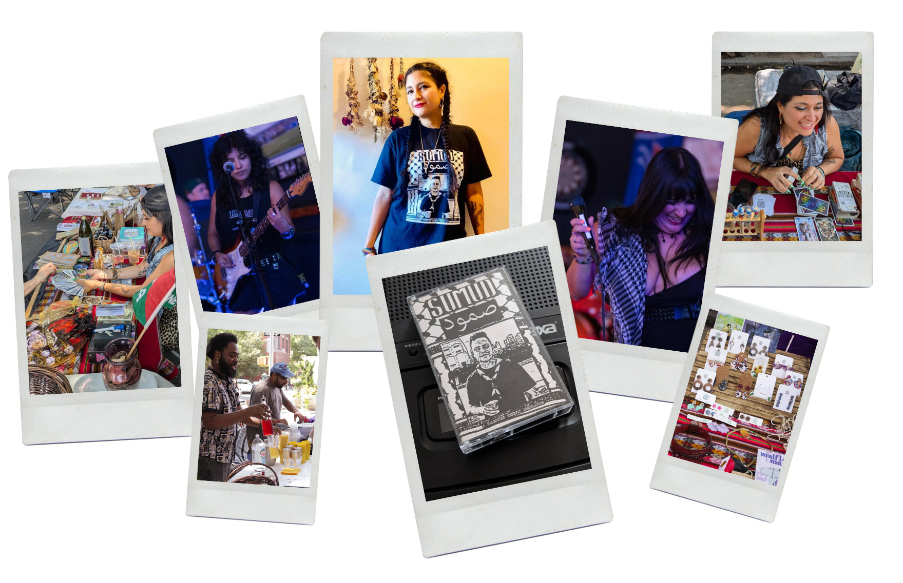 Collage of photos from an outdoor event featuring women performing music, shopping at market stalls, and socializing, with various craft and jewelry displays.