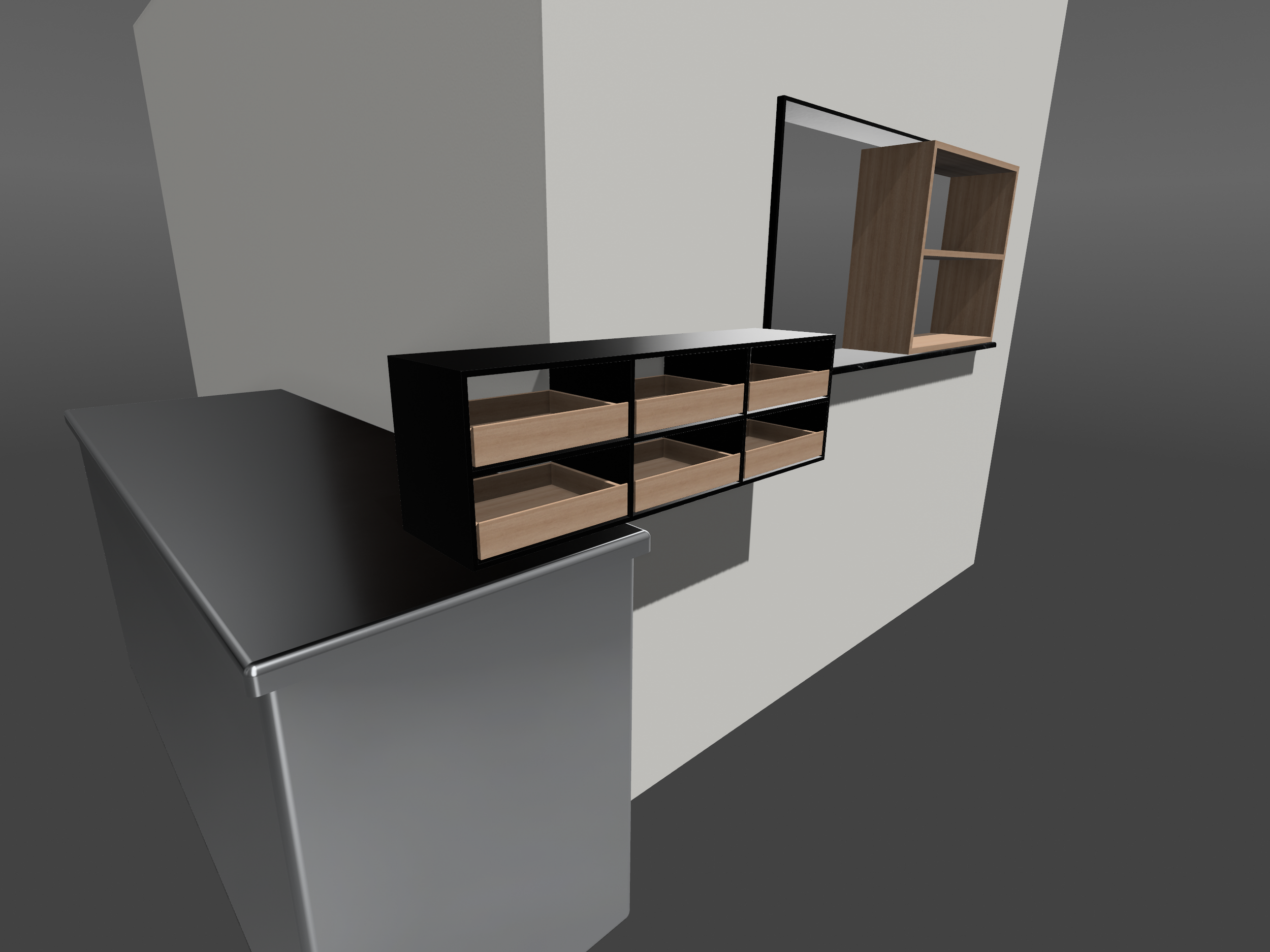 Vista de una pared con estantes y un espejo, incluyendo una mesa de metal en primer plano.