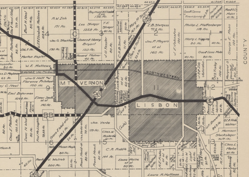 1938 plat map of Lisbon and Mt Vernon Iowa