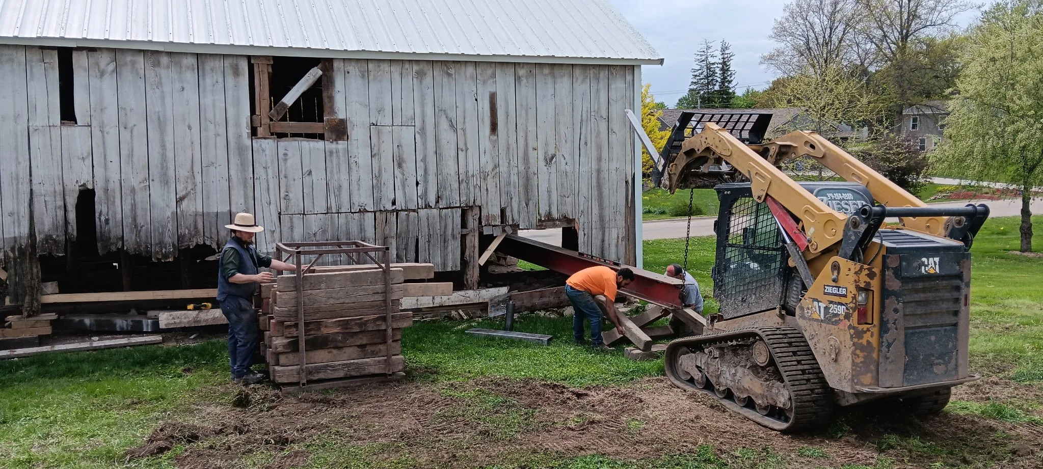 5/5/2026 Meyers Farmstead Historic District corn crib/hog barn starting restoration with lifting the barn to allow for restoration work on the foundation.