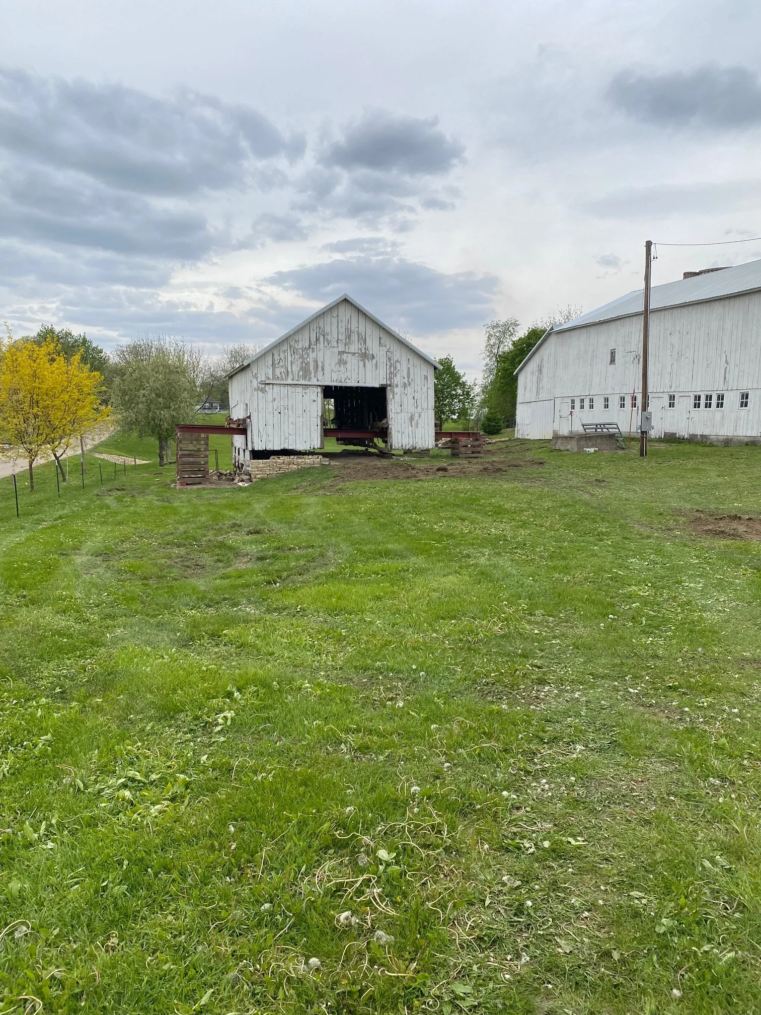 5/5/2026 Meyers Farmstead Historic District corn crib/hog barn ready for the next phase of restoration work on the foundation.
