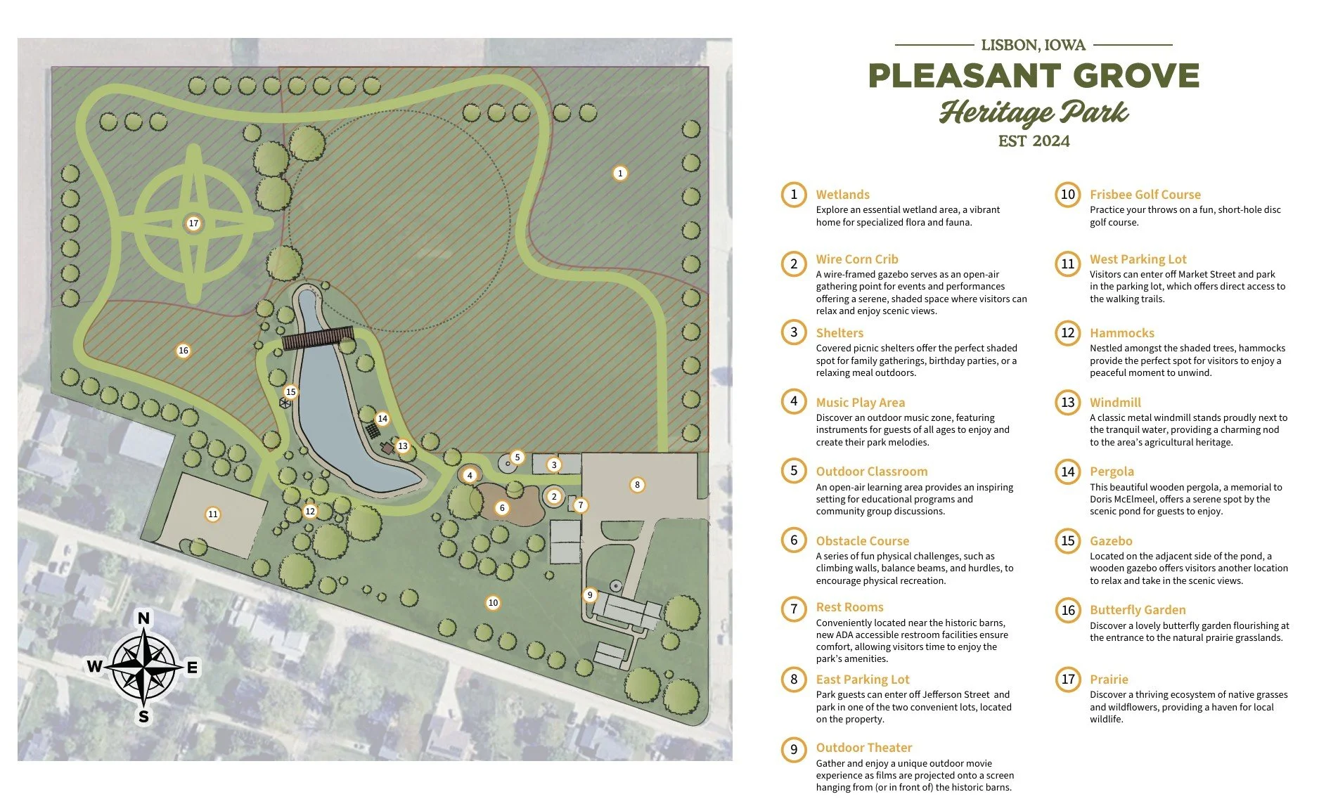 Map of Pleasant Grove Heritage Park in Lisbon, Iowa, showing various features such as wetlands, wire corn crib, shelters, music play area, outdoor classroom, obstacle course, restrooms, east parking lot, outdoor theater, frisbee golf course, west parking lot, hammocks, windmill, pergola, gazebo, butterfly garden, and prairie.