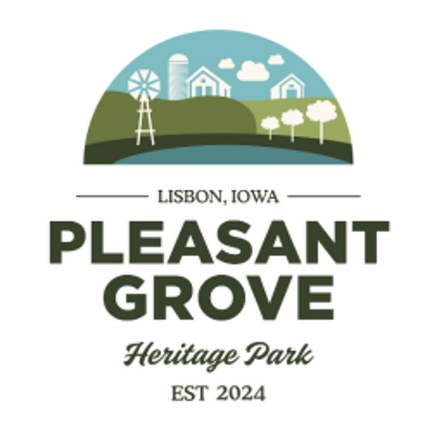 Legitimate logo for Pleasant Grove Heritage Park in Lisbon, Iowa, established in 2024, featuring illustrations of a windmill, buildings, clouds, trees, and a hill.