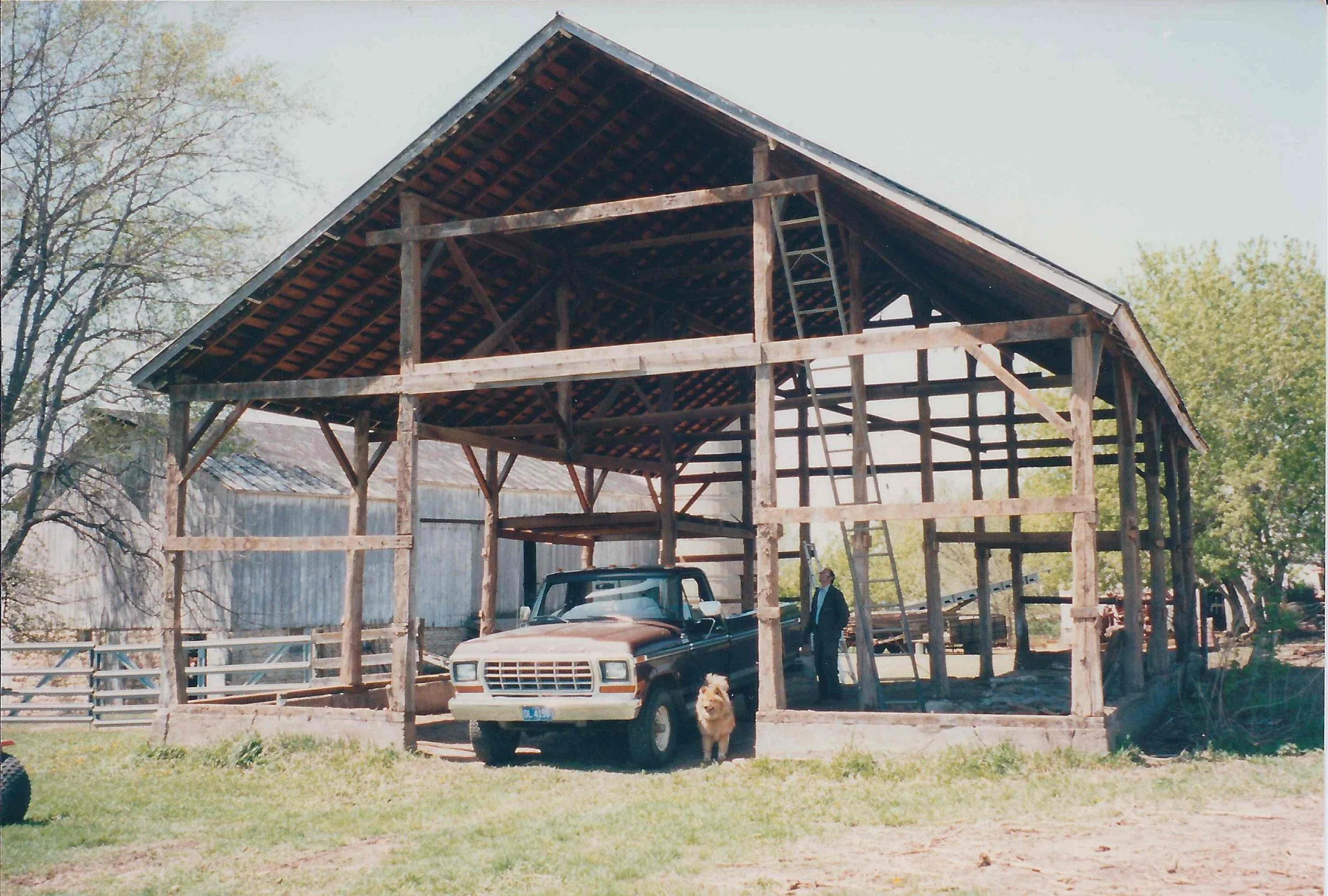 A wooden barn under construction with a man standing inside and a dog in front. A vintage pickup truck is parked near the barn. The background includes leafless trees and a metal building.