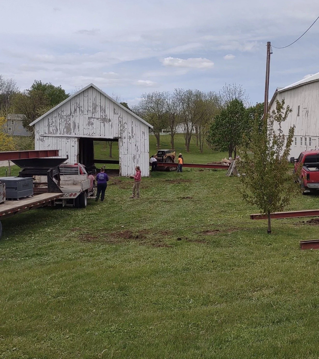 5/5/2026 Meyers Farmstead Historic District corn crib/hog barn starting restoration with lifting the barn to allow for restoration work on the foundation.