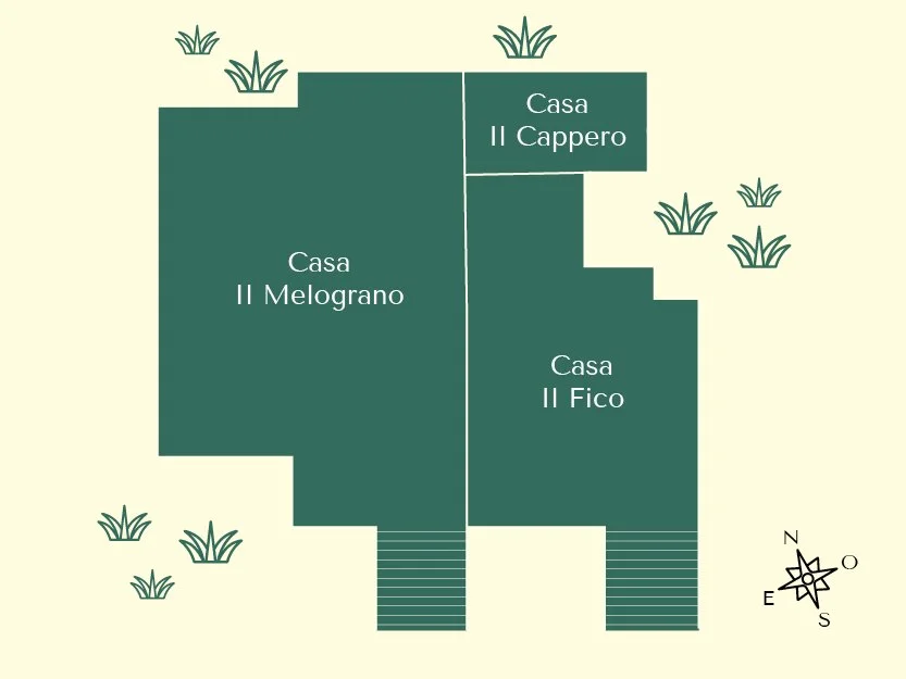 Plan de trois maisons : Casa Melograno, Casa Cappero, et Casa Fico, avec un fond clair et de petites plantes autour. Nord indiqué en bas à droite.