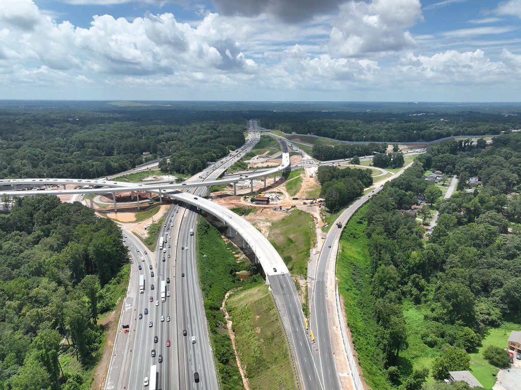 An aerial photo of work on the I-285/I-20 East Interchange project in DeKalb County GA