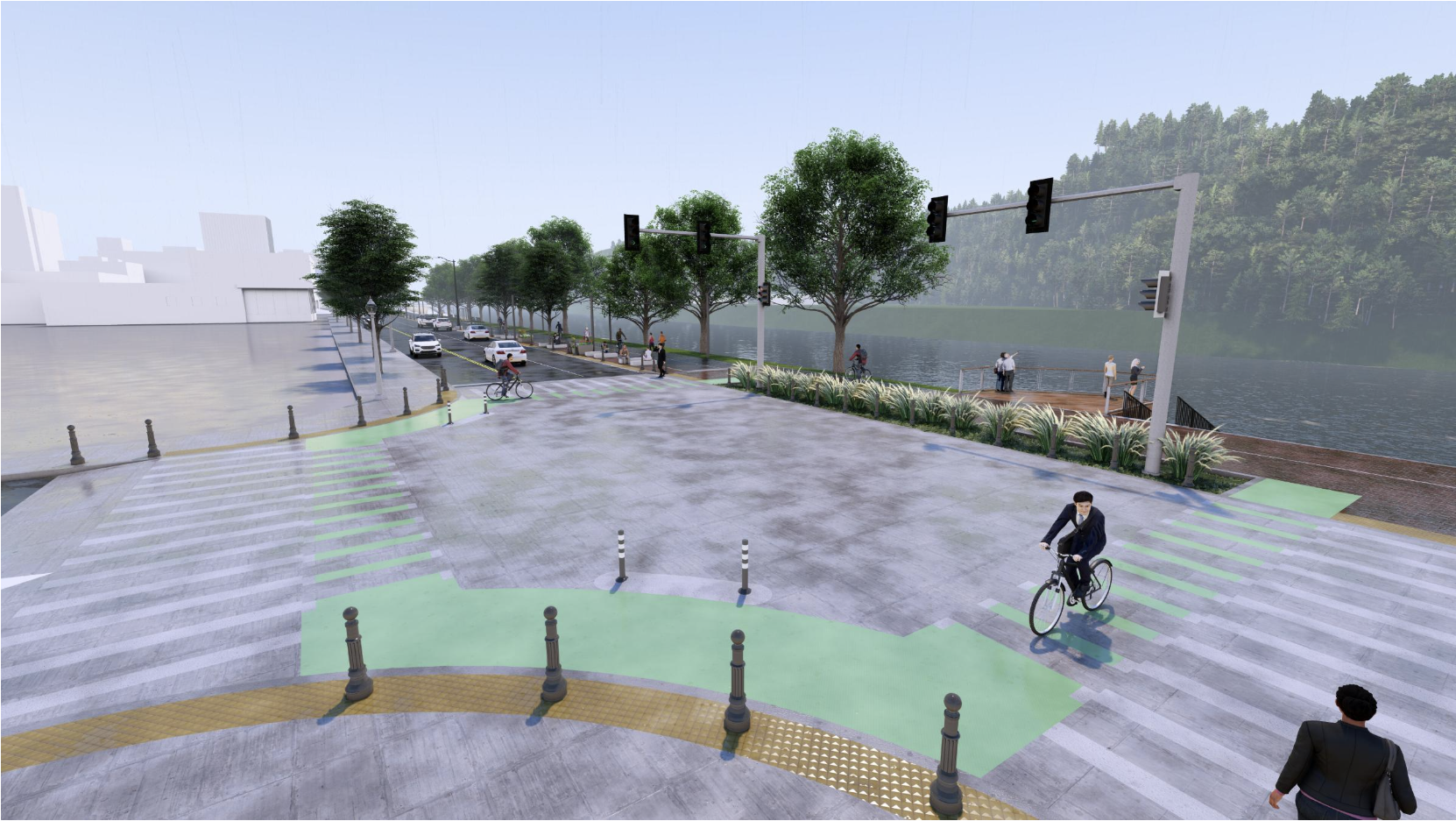 A rendering of changes, including a larger sidewalk and river lookout for pedestrians and cyclists and a smaller street to slow vehicle traffic