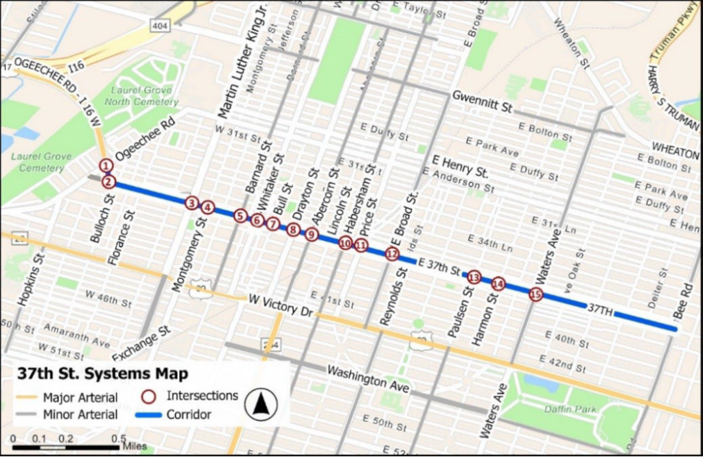 A map of 37th Street in Savannah with dots noting which intersections are part of the safety improvement project