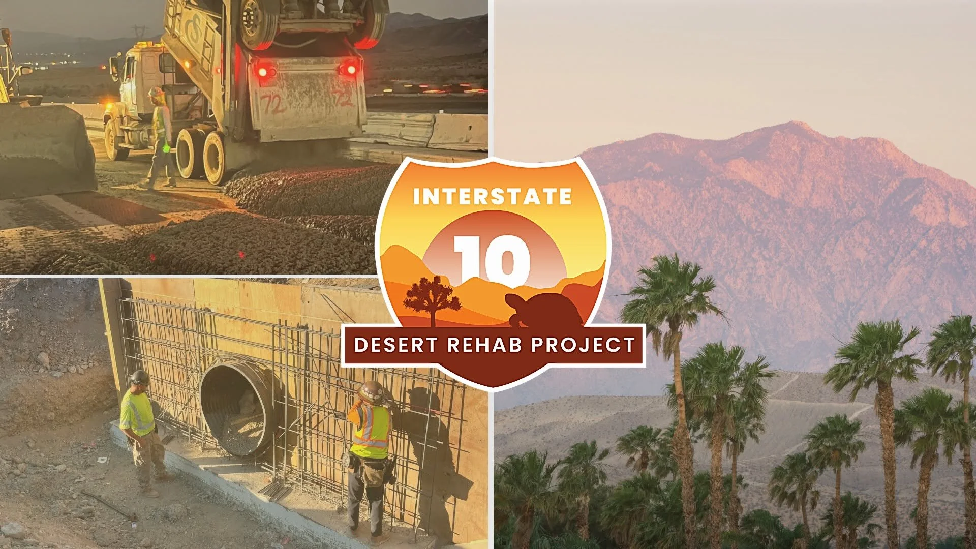 Three photos: One of the Coachella Valley at right, and two photos of construction workers at left stacked on top of each other. In the center, is a logo for the project with a desert landscape within a interstate sign