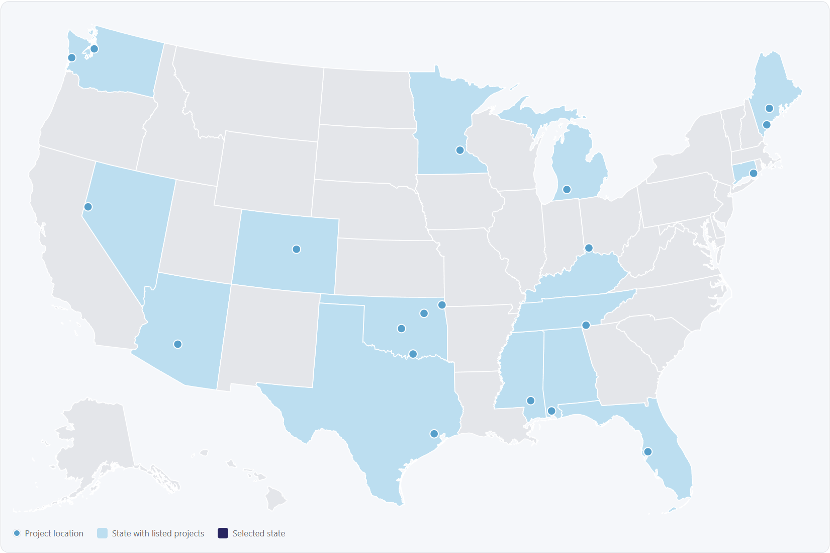 A pale gray map of the United States with some states highlighted in blue and blue dots to indicate a project case study
