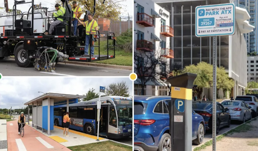 A collage of three photos: A photo of Public Works employees stripping roads in the top left; a photo of people standing under a bus shelter about to hop on a city bus at bottom left; and a photo of a parking sign & a street lined with cars at right