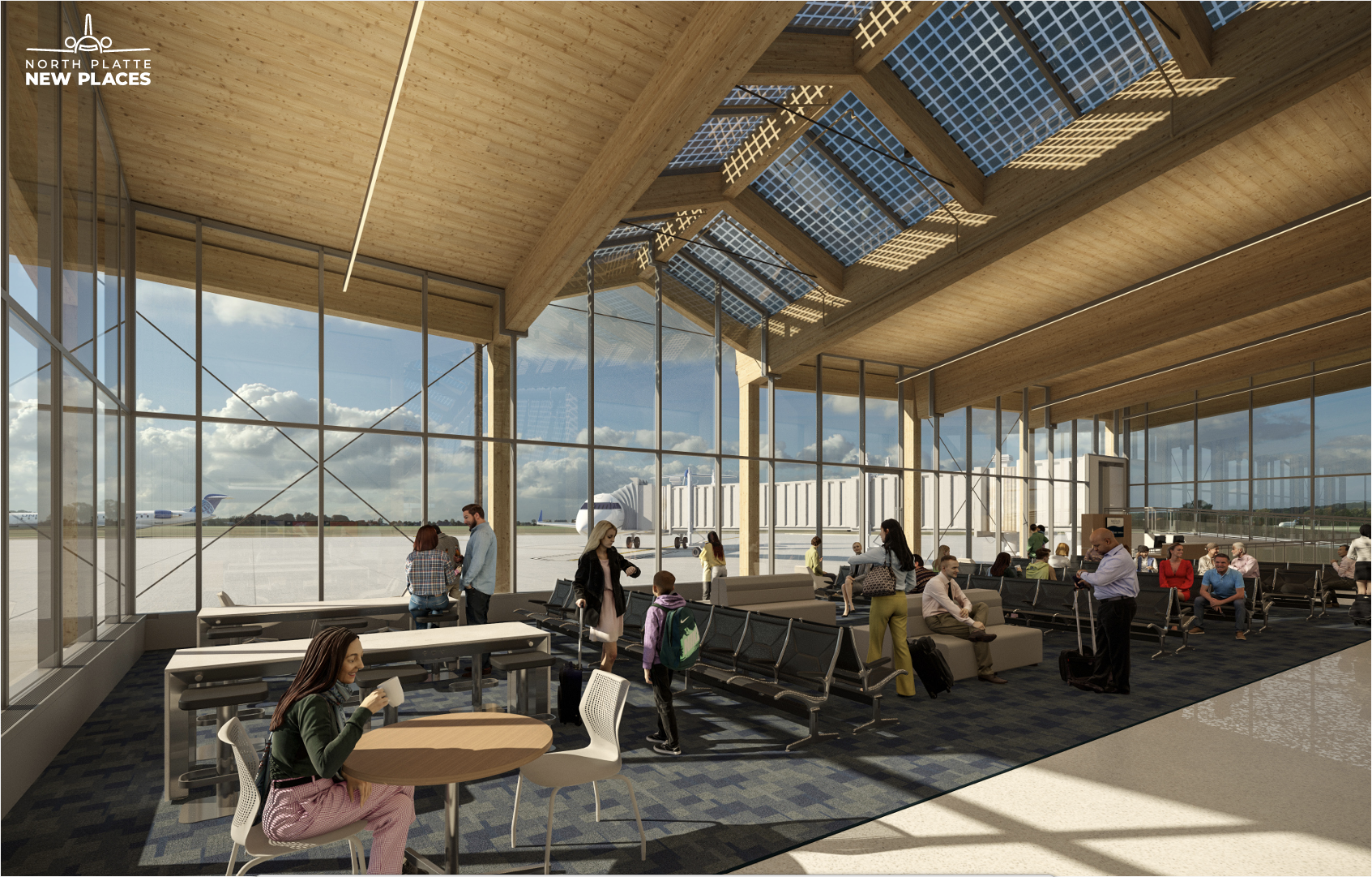 A rendering of the new terminal building being constructed at the North Platte Regional Airport, including people sitting in the terminal awaiting flights. The rendering heavily features natural wood elements and glass.
