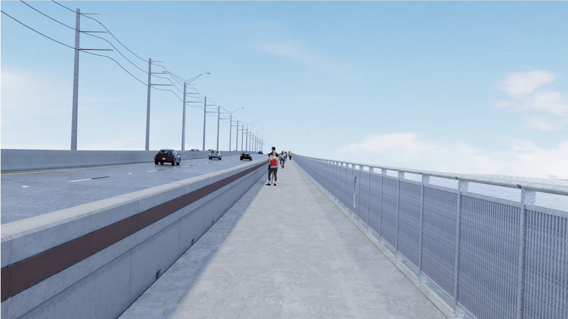 Rendering of Roosevelt Bridge with people walking on pedestrian path sep