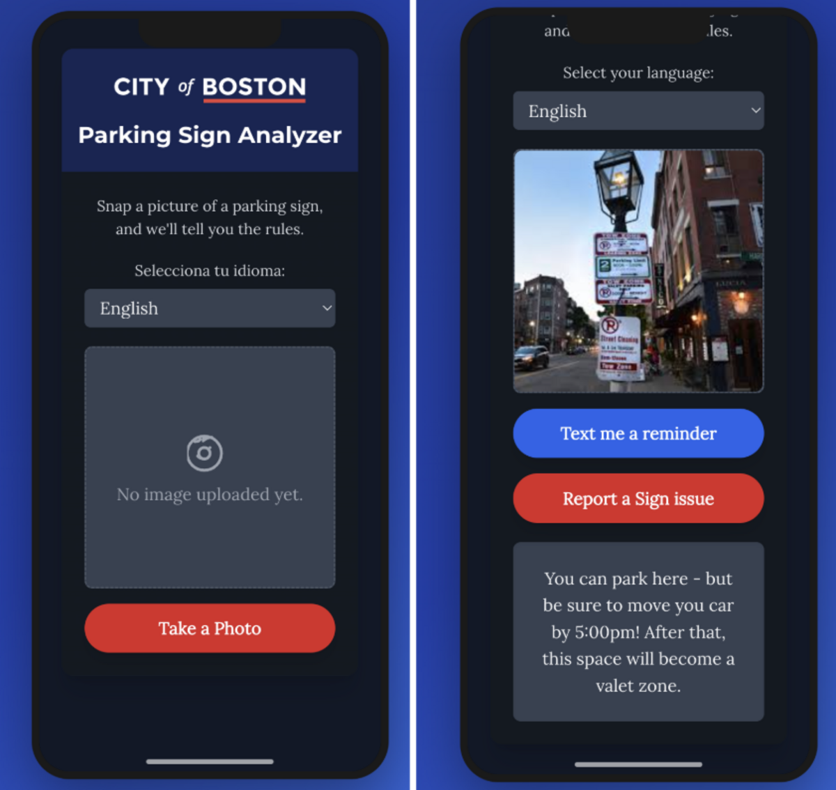 A graphic of a cell phone showing how the parking sign analyzer looks and works
