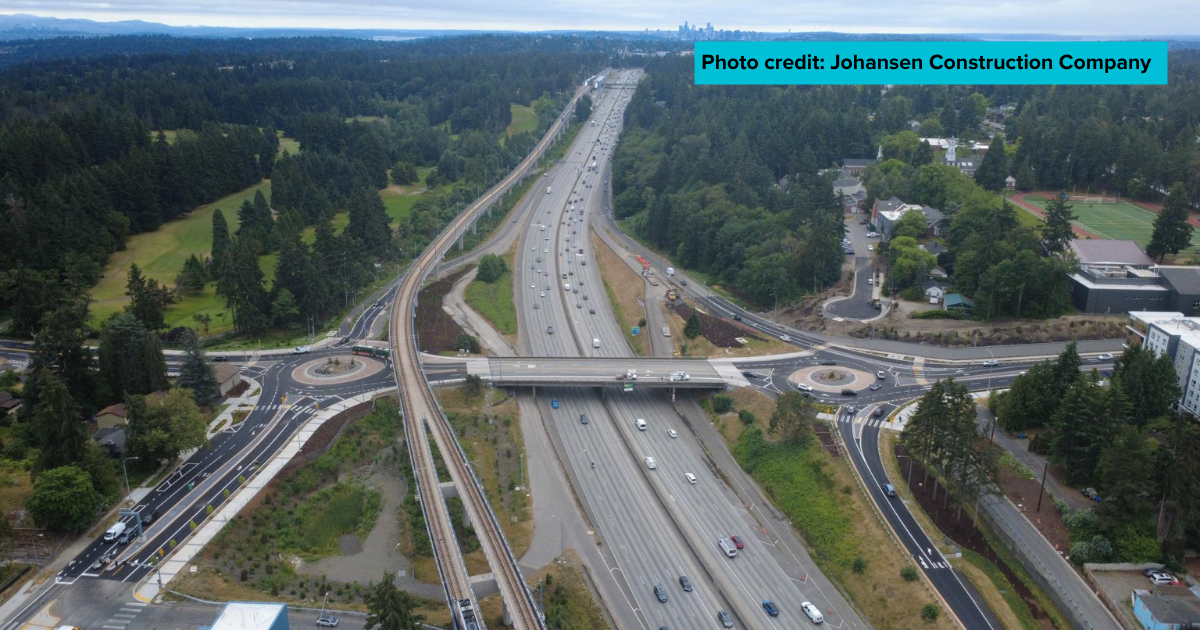 An aerial view of the 145th Street corridor with the two new roundabouts visible.