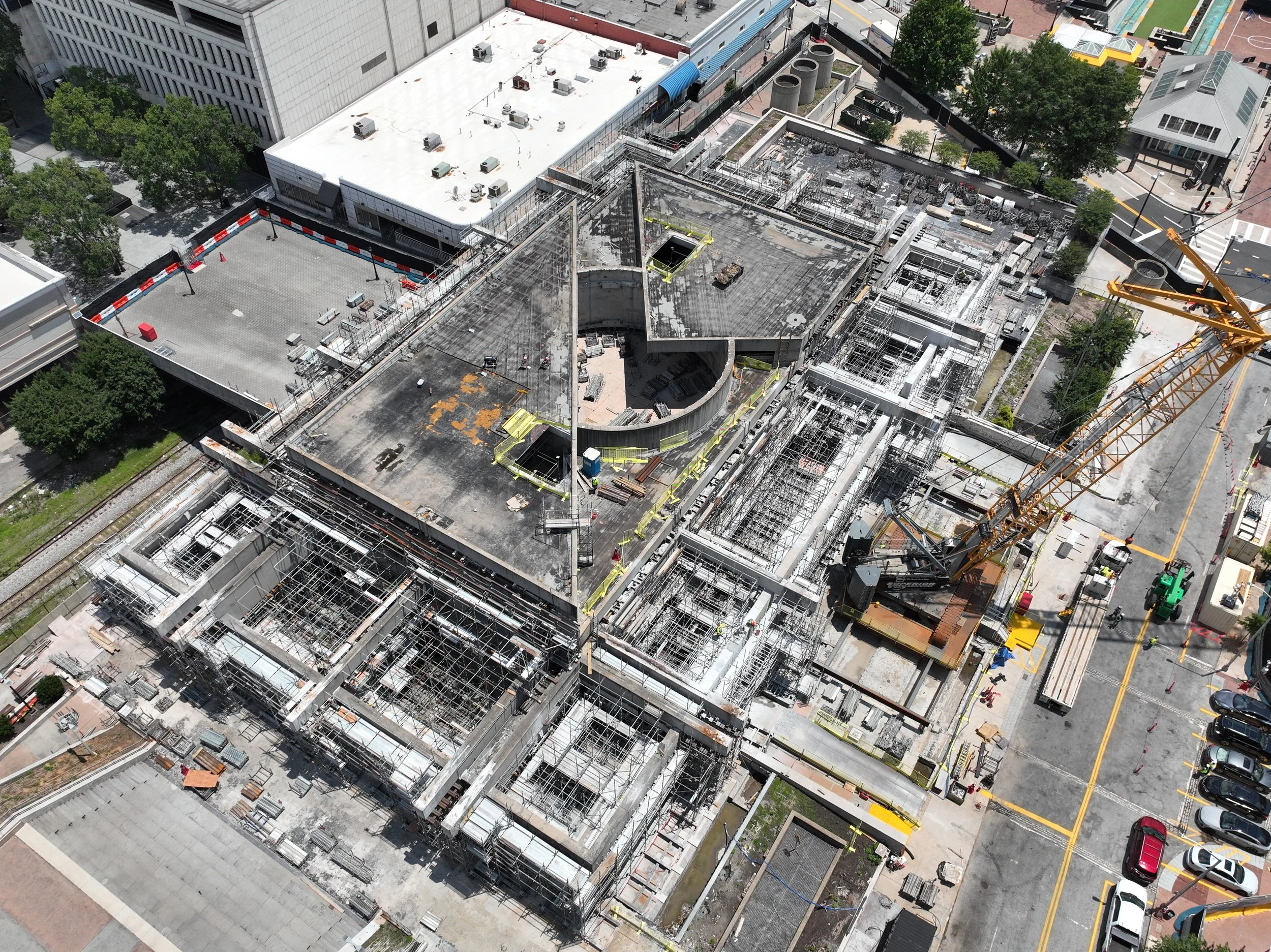 An aerial photo of construction on the canopy of the Five Points Station in Atlanta