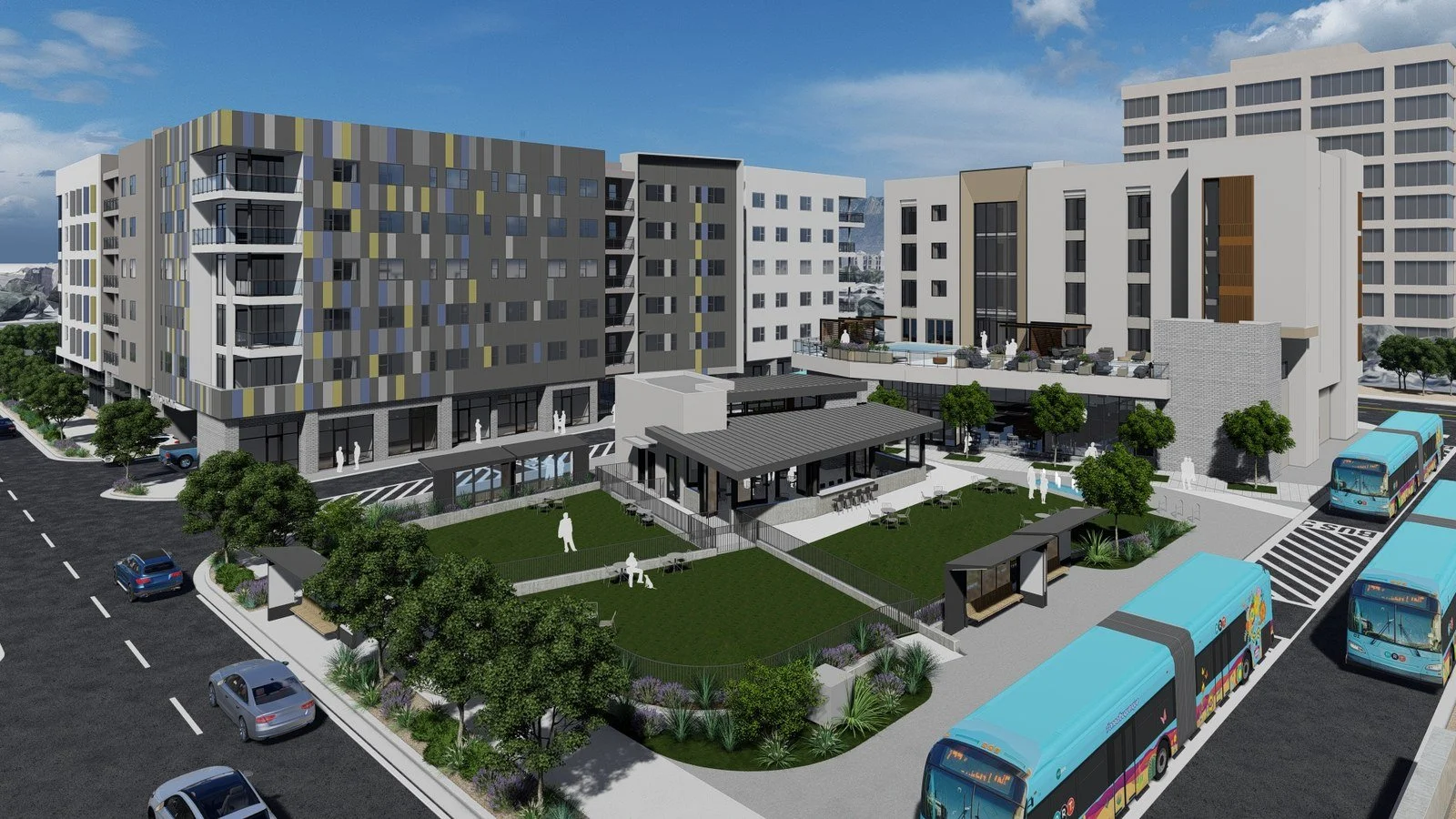 A rendering showing a six-story building in the background and a new transit center in the foreground with buses lined up to pick up riders