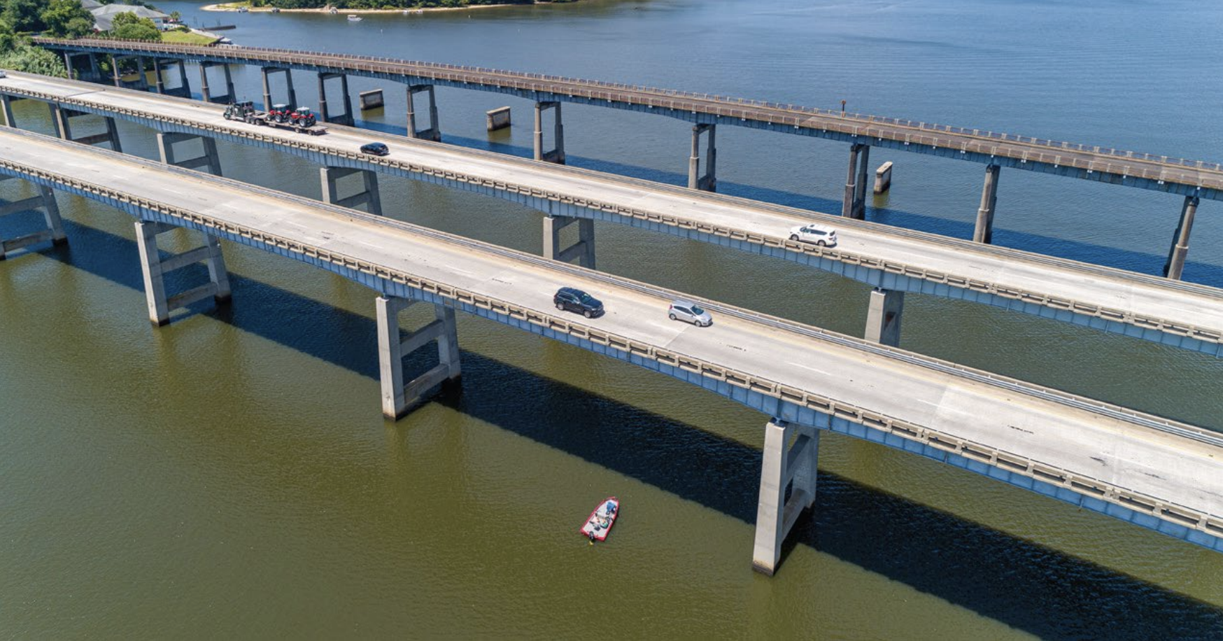 A photo looking down on three of the bridges that cross Marion Lake in South Carolina