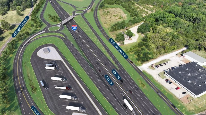 A rendering of new improvements on Interstate 70 at Midway.  It includes a new dog-bone interchange, truck parking, and moved ramp.