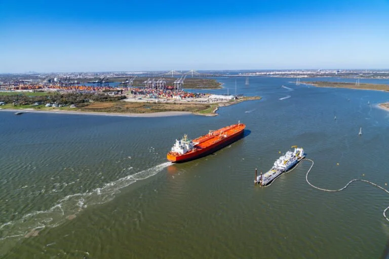 A boat traveling through the Port of Houston
