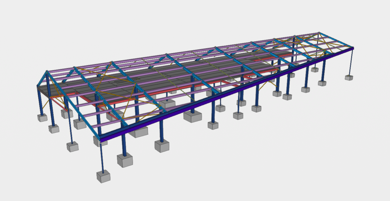 3D model of a building's steel frame structure on concrete foundation blocks.