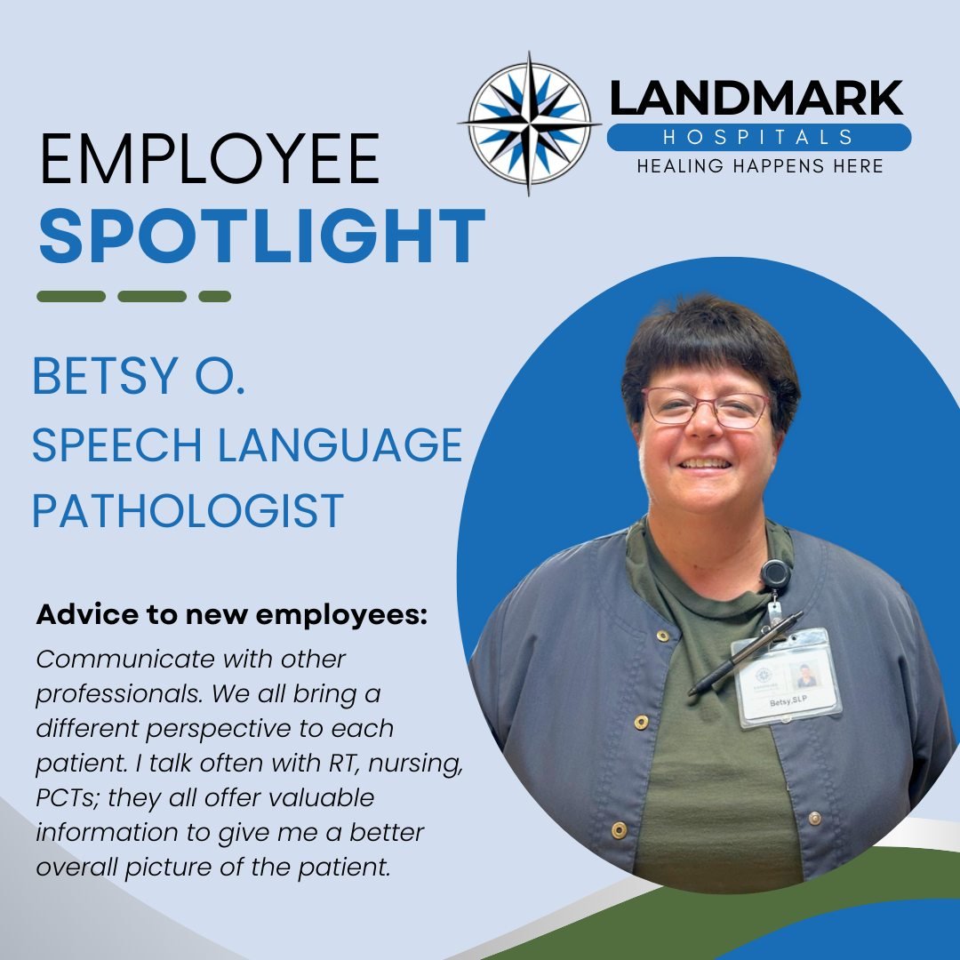 TEAM TUESDAY: Meet Betsy O., our amazing Speech Language Pathologist! 

With over 30 years of experience and a heart of gold, Betsy has been a true asset to our Landmark Hospital of Columbia team for the past 13 years. She specializes in helping pati