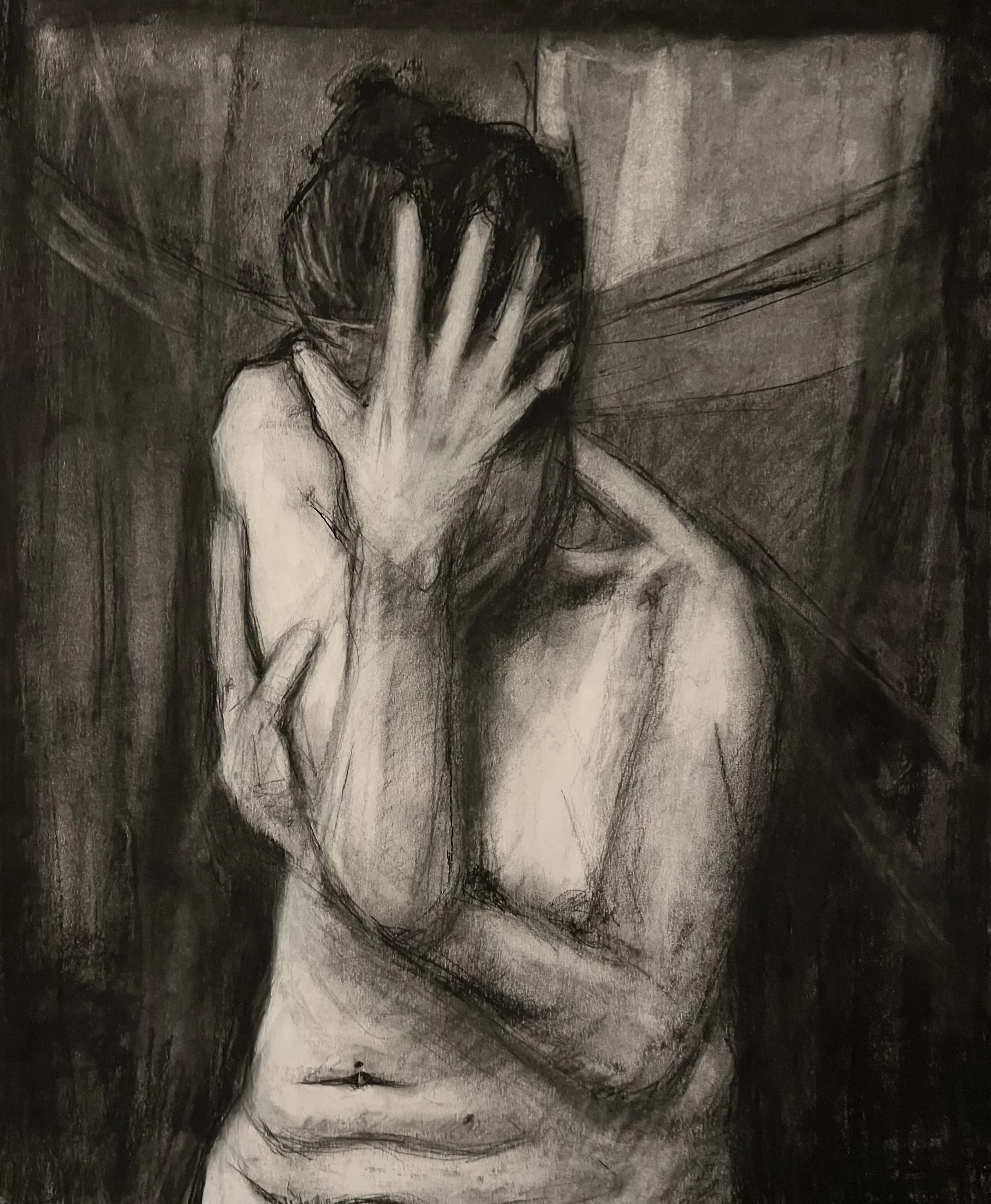 charcoal drawing of women with head in her hand