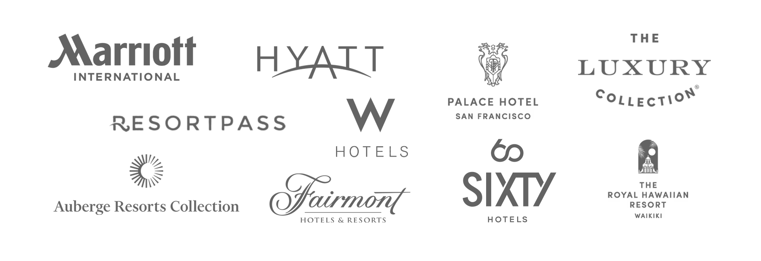 Collection of logos from Marriott International hotel brands, including Marriott, Hyatt, Palace Hotel, The Luxury Collection, Resortpass, W Hotels, Fairmont, Six Senses, the Royal Hawaiian Resort, and Auberge Resorts.