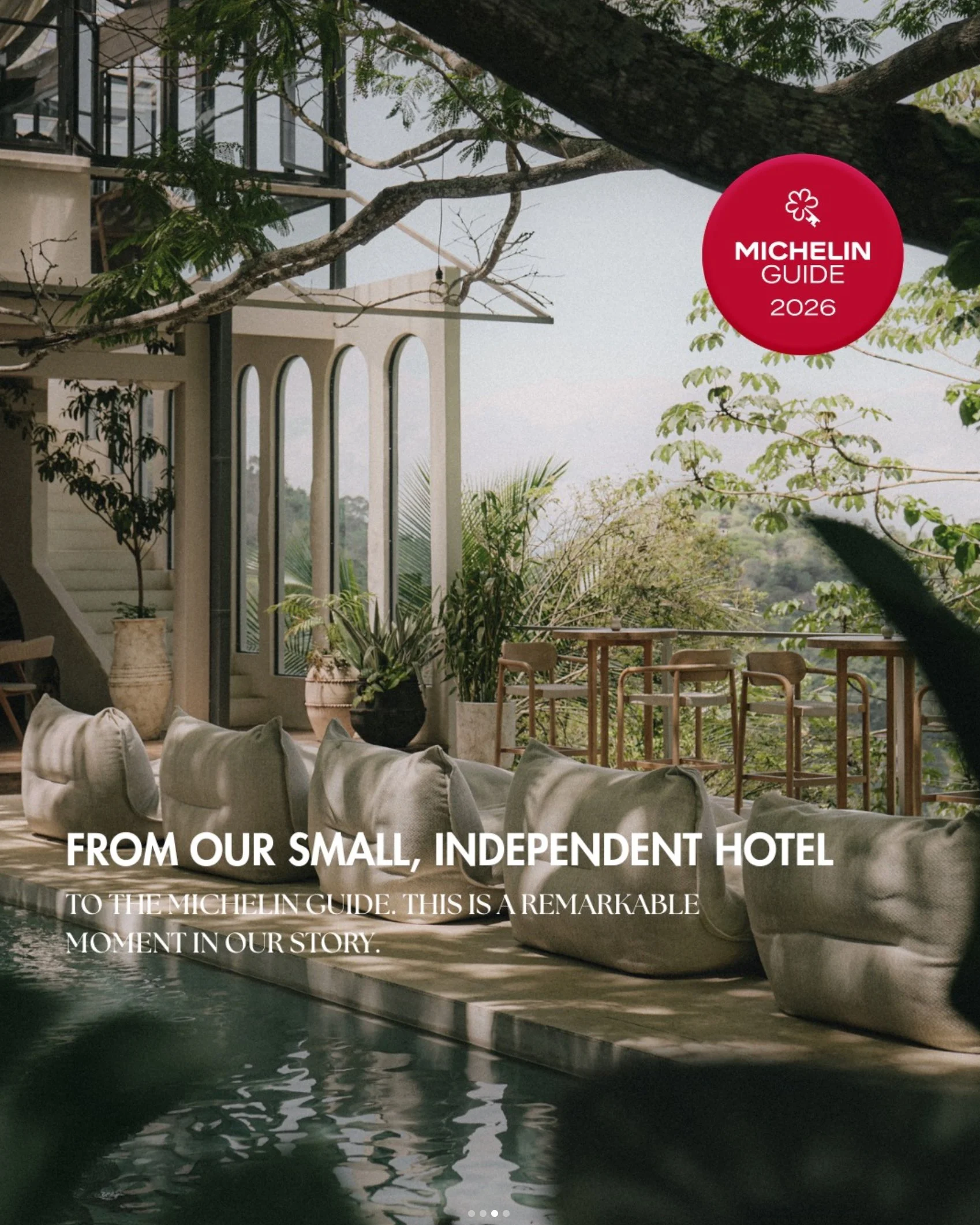 The Retreat Costa Rica Instagram post announcing its 2026 MICHELIN Key, using Vantage Visual photography of the poolside lounge