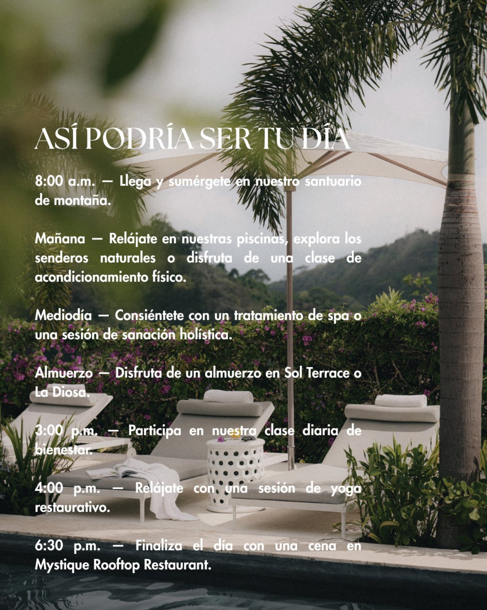 The Retreat Costa Rica Day Pass post with a sample day schedule, using Vantage Visual photography of poolside loungers