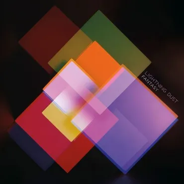 Abstract digital album art with overlapping colorful squares and rectangles in red, yellow, green, orange, purple, and pink against a dark background, with the text 'LIGHTNING DUST FANTASY'.
