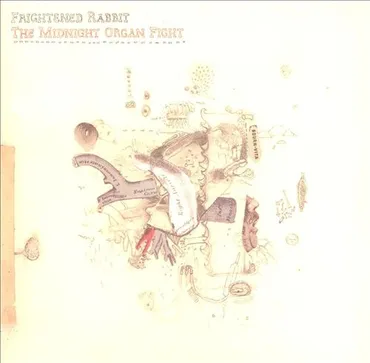 An illustrated fairy tale scene titled 'Frightened Rabbit: The Midnight Organ Fight,' featuring a whimsical, faint watercolor-style drawing of a fairy tale world with animals and fantastical elements. Album art.