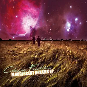 Two children holding hands walking through a field of tall grass under a vibrant, colorful galaxy-filled sky with stars and nebulae. Album art for "Fluorescent Dreams" by Chasing Fireflies.