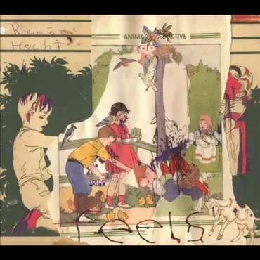 Colorful illustrated poster with children interacting with animals, including a dog, a monkey, and birds, with some animals on shows and others in the children’s hands. "Feels" album art.