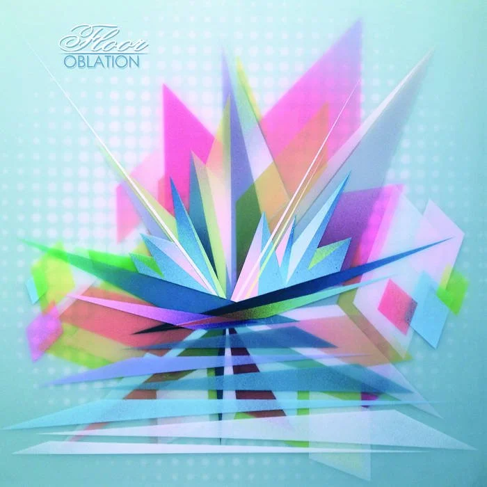 Colorful abstract geometric design with overlapping triangular shapes on a light background, with the words "Floor Oblation" in the top left corner. Album art.